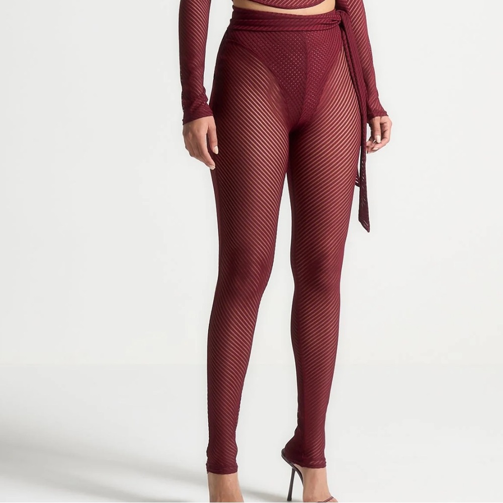 MANIERE DI VOIR Ribbed Sheer Legging With Tie - Wine Red Size Us 10 New With Tag